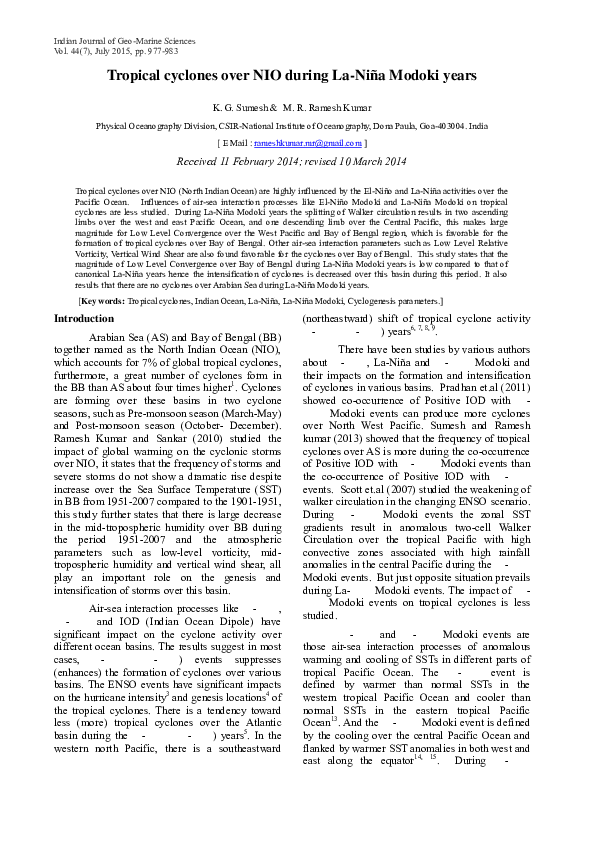 (PDF) Tropical cyclones over north Indian Ocean during El-Niño Modoki years