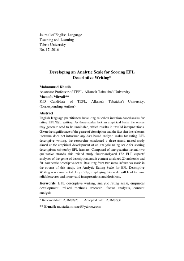 (PDF) Developing an Analytic Scale for Scoring EFL Descriptive Writing