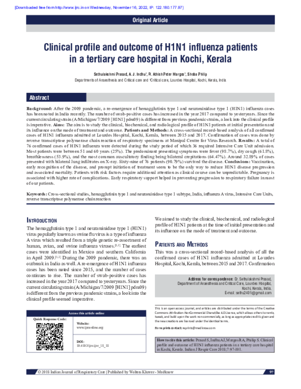 (PDF) Clinical profile and outcome of H1N1 influenza patients in a ...