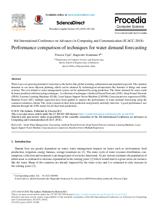 (PDF) Performance comparison of techniques for water demand forecasting