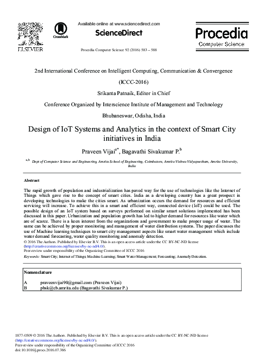 (PDF) Design of IoT Systems and Analytics in the Context of Smart City ...
