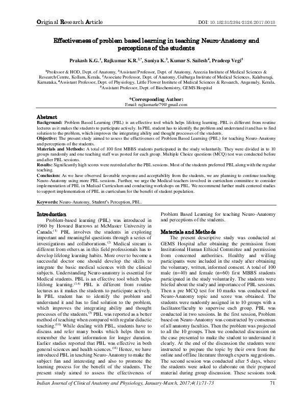 (PDF) Effectiveness of problem based learning in teaching Neuro-Anatomy ...