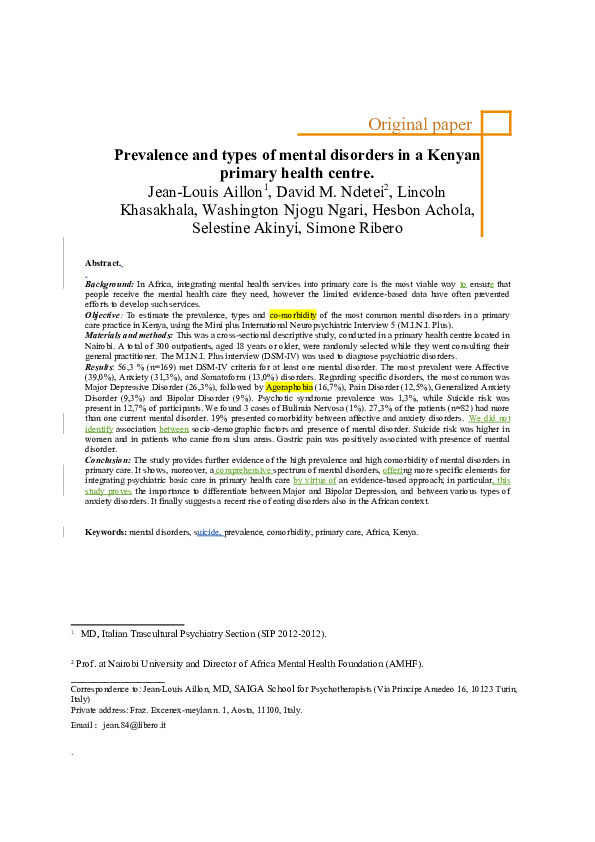(DOC) Prevalence, types and comorbidity of mental disorders in a Kenyan ...
