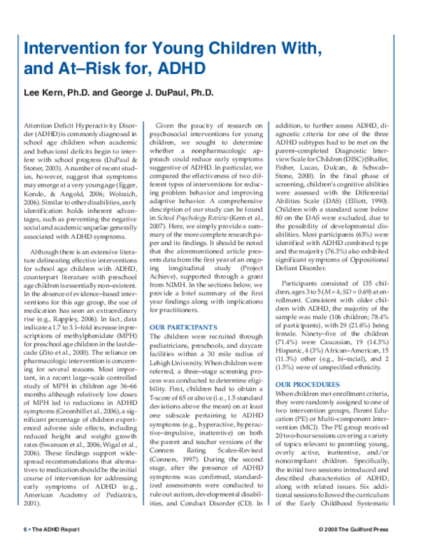 (PDF) Intervention for Young Children With, and At–Risk for, ADHD