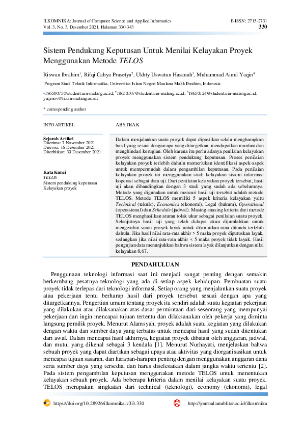 (PDF) Sistem Pendukung Keputusan Untuk Menilai Kelayakan Proyek ...