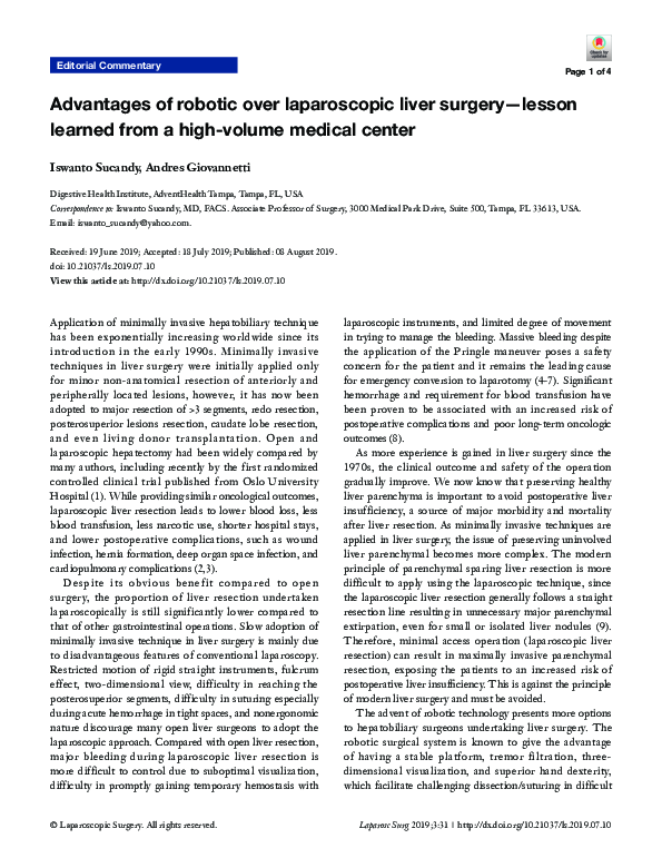 (PDF) Advantages of robotic over laparoscopic liver surgery—lesson ...
