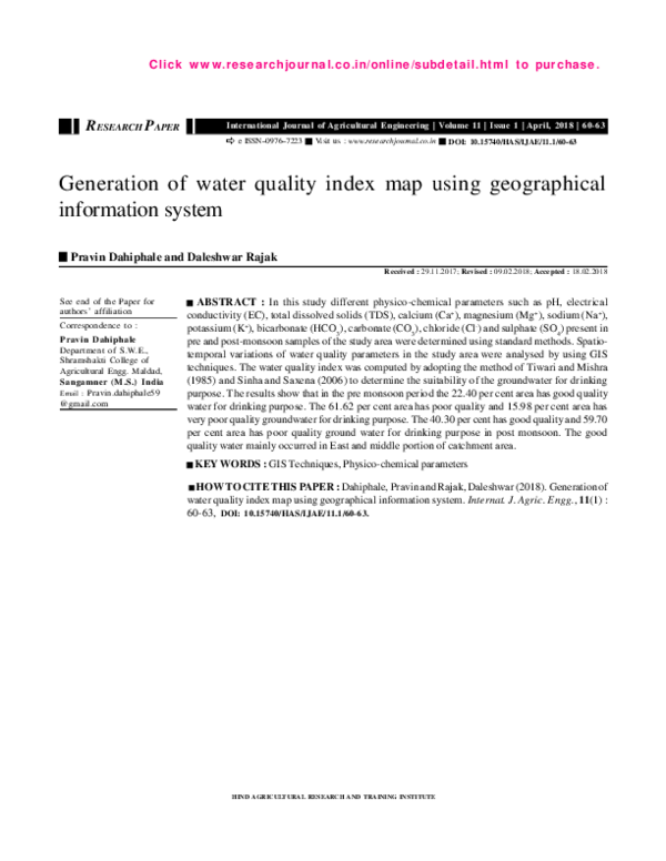 (PDF) Generation of water quality index map using geographical
