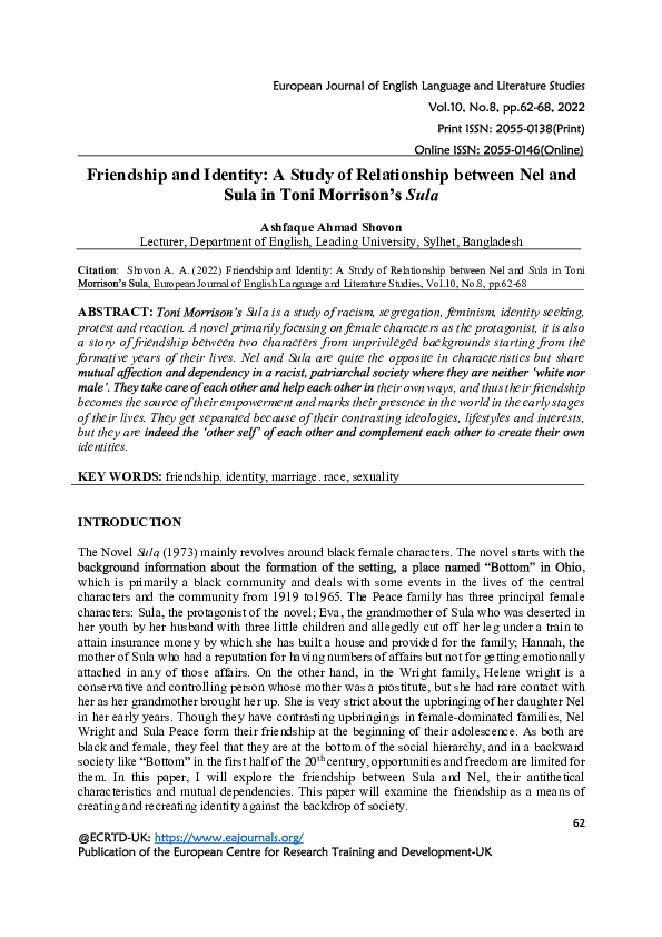 (PDF) Friendship and Identity: A Study of Relationship between Nel and Sula
