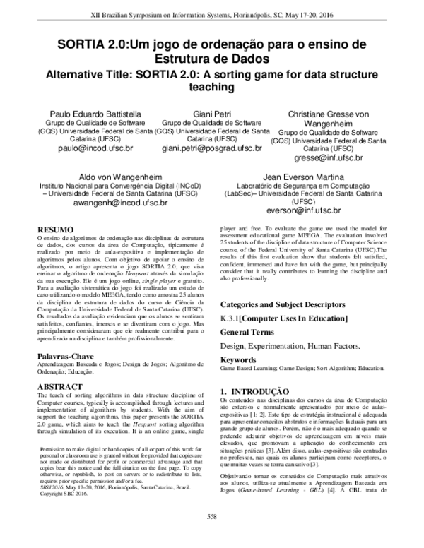 (PDF) SORTIA 2.0:Um jogo de ordenação para o ensino de Estrutura de Dados