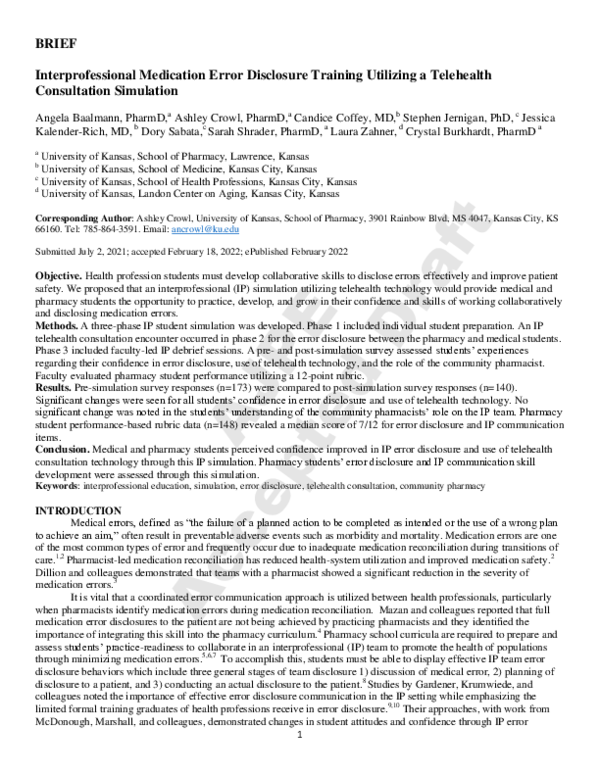 (PDF) Interprofessional Medication Error Disclosure Training Using a