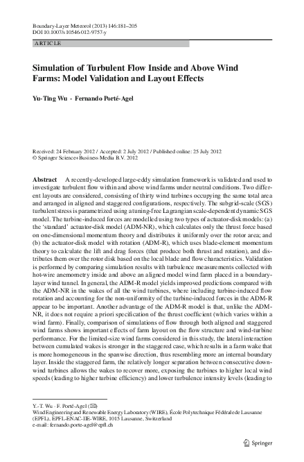 (PDF) Simulation of Turbulent Flow Inside and Above Wind Farms: Model ...