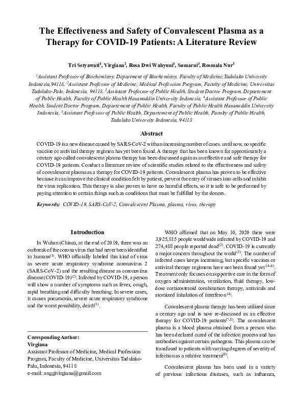 (PDF) The Effectiveness and Safety of Convalescent Plasma as a Therapy ...