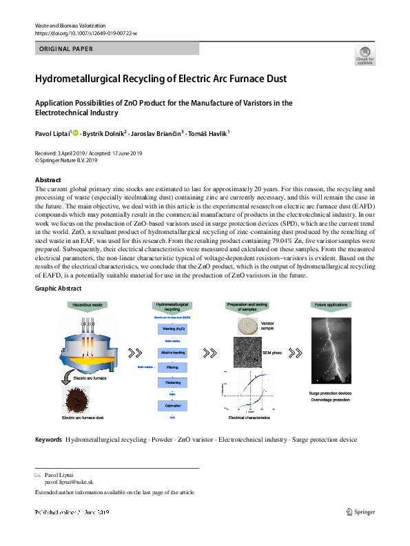 (PDF) Hydrometallurgical Recycling of Electric Arc Furnace Dust