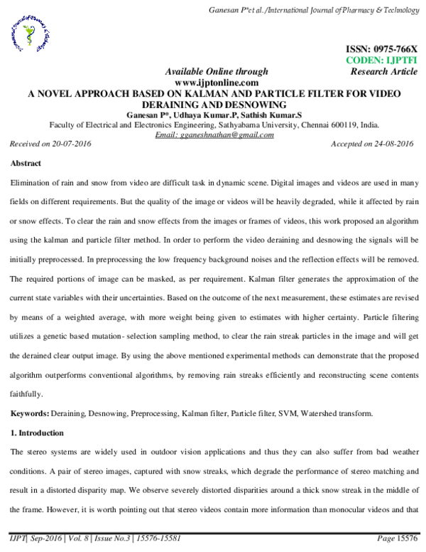 (PDF) A Novel Approach Based on Kalman and Particle Filter for Video ...