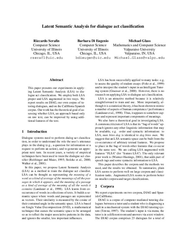 (PDF) Latent semantic analysis for dialogue act classification