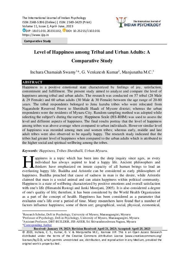 (PDF) Level of Happiness among Tribal and Urban Adults: A Comparative Study