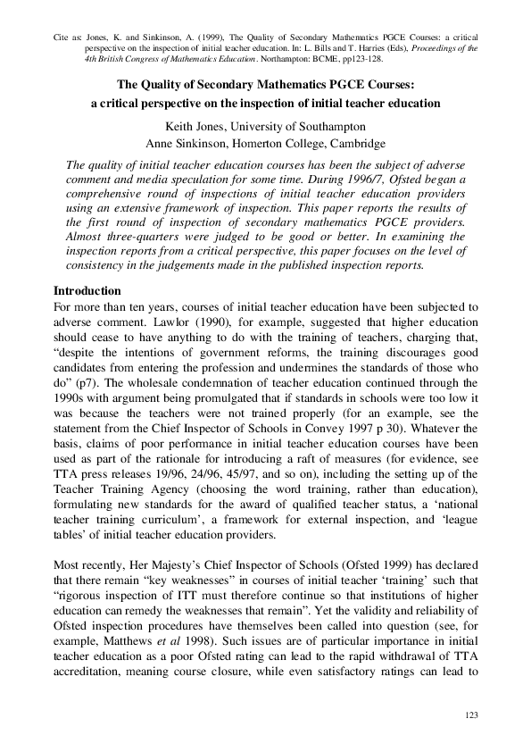 (PDF) The Quality of Secondary Mathematics PGCE Courses: a critical ...