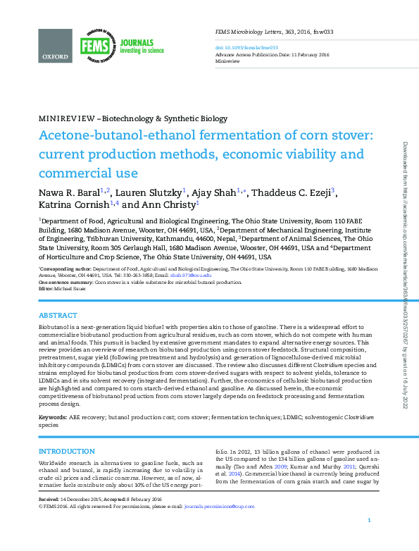 (PDF) Acetonebutanolethanol fermentation of corn stover current