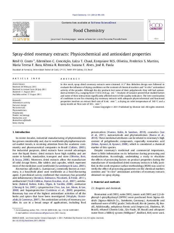 (PDF) Spray-dried rosemary extracts: Physicochemical and antioxidant ...