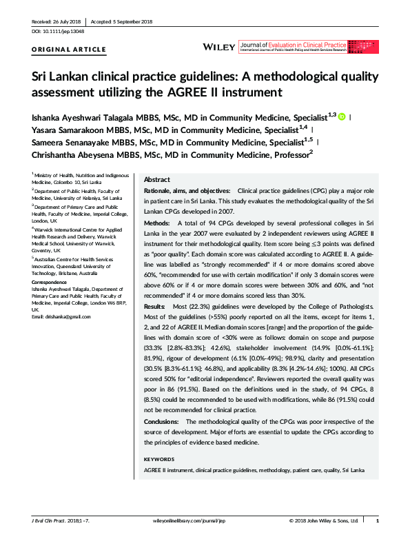 (PDF) Sri Lankan clinical practice guidelines: A methodological quality ...