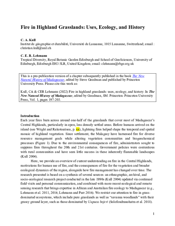 (PDF) Fire in Highland Grasslands: Uses, Ecology, and History