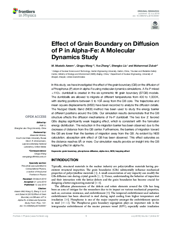 (PDF) Effect of Grain Boundary on Diffusion of P in Alpha-Fe: A ...