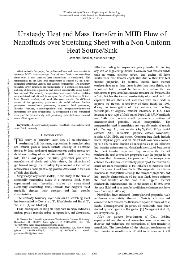 (PDF) Unsteady Heat And Mass Transfer In Mhd Flow Of Nanofluids Over ...