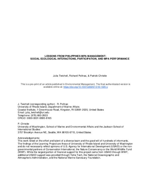 (PDF) Lessons from Philippines MPA Management: Social Ecological ...