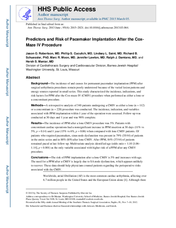 (PDF) Predictors and Risk of Pacemaker Implantation After the CoxMaze IV Procedure Ralph