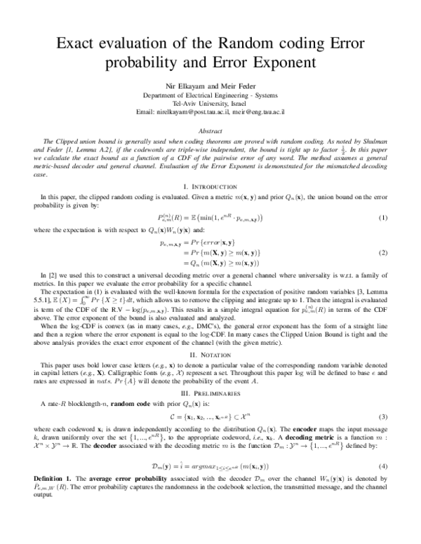 (PDF) Exact evaluation of the random coding error probability and error ...