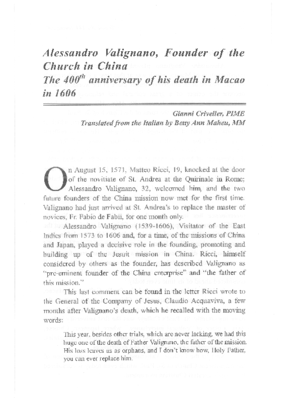 (PDF) Alessandro Valignano father of the Church in China. The 400th ...