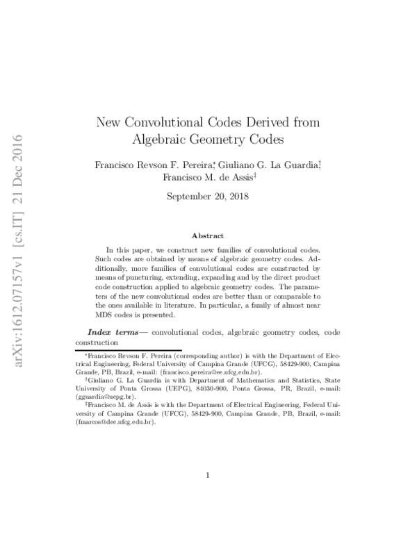 (PDF) Classical and Quantum Convolutional Codes Derived From Algebraic ...