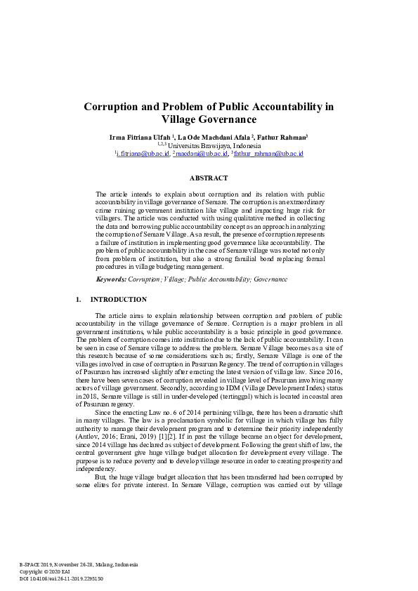 (PDF) Corruption and Problem of Public Accountability in Village Governance