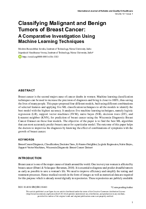 (PDF) Classifying Malignant and Benign Tumors of Breast Cancer