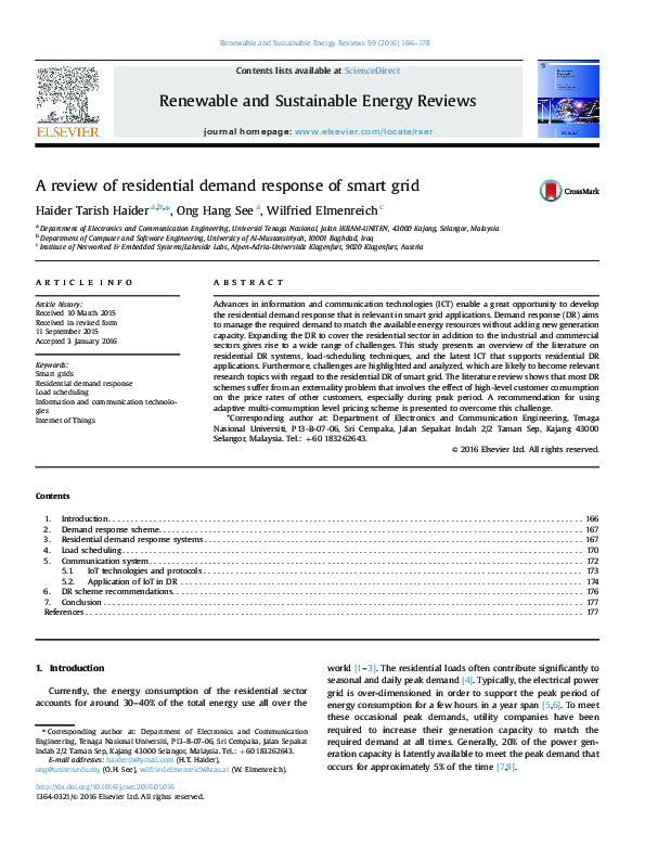 (PDF) A review of residential demand response of smart grid
