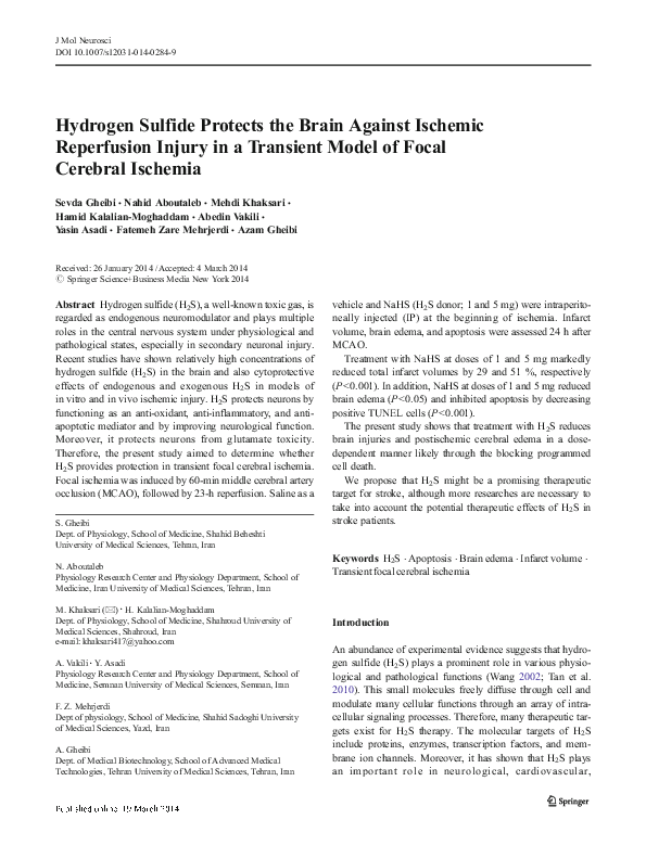 (PDF) Hydrogen Sulfide Protects the Brain Against Ischemic Reperfusion ...