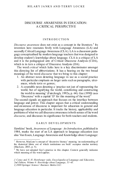 (PDF) Discourse Awareness in Education: A Critical Perspective