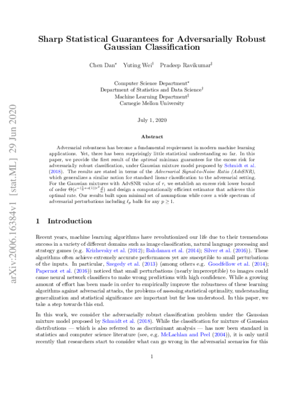 (PDF) Sharp Statistical Guarantees for Adversarially Robust Gaussian ...
