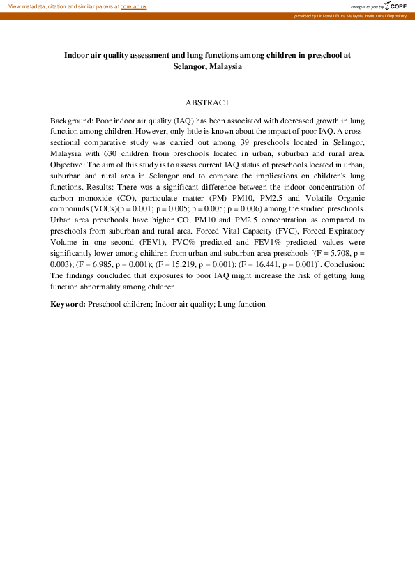 (PDF) Indoor air quality assessment and lung functions among children