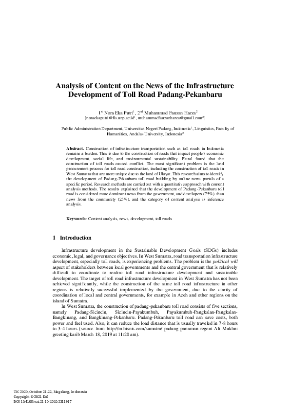Analysis of Content on the News of the Infrastructure Development of Toll Road Padang-Pekanbaru