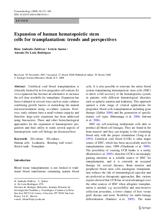 (PDF) Expansion of human hematopoietic stem cells for transplantation ...