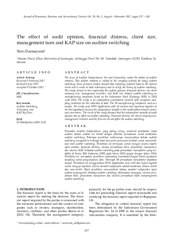 (PDF) The Effect of Audit Opinion, Financial Distress, Client Size ...