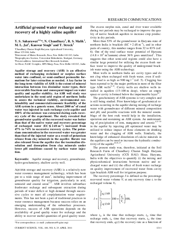 (PDF) Artificial ground water recharge and recovery of a highly saline ...
