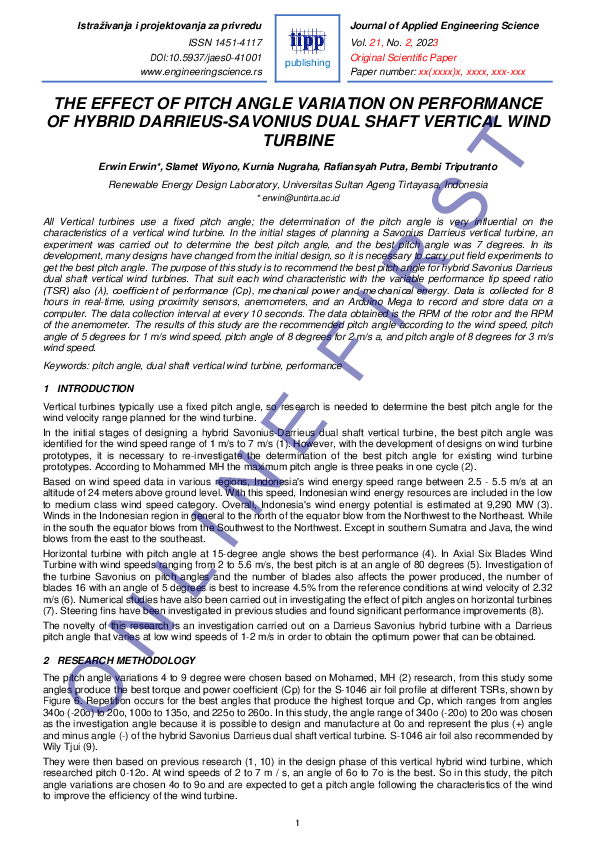 (PDF) The Effect of Pitch Angle Variation on Performance of Hybrid ...