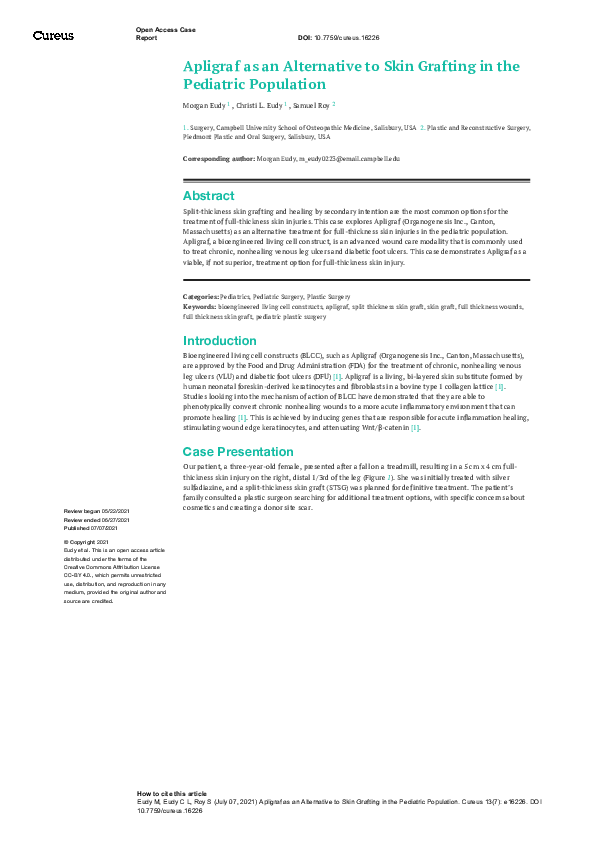 (PDF) Apligraf as an Alternative to Skin Grafting in the Pediatric ...