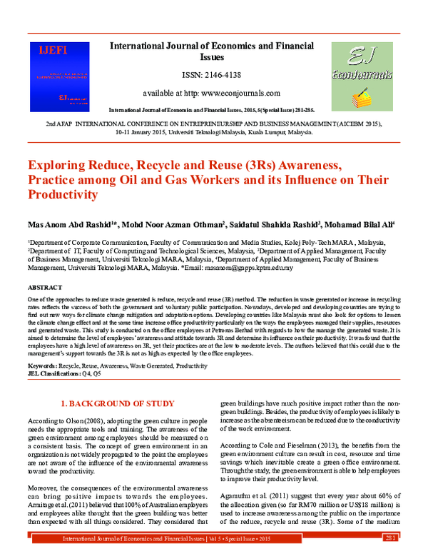 (PDF) Exploring Reduce, Recycle and Reuse (3Rs) Awareness, Practice ...