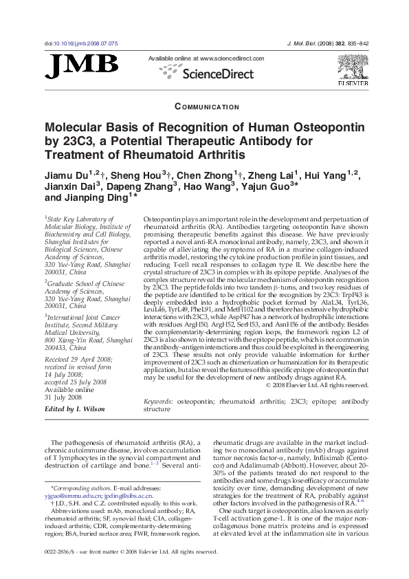 (PDF) Molecular Basis of Recognition of Human Osteopontin by 23C3, a ...
