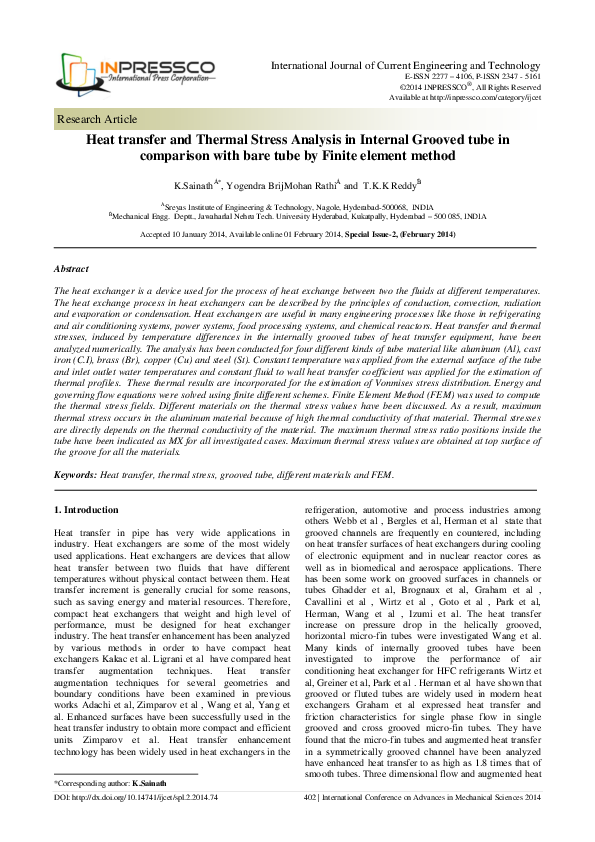 (PDF) Heat transfer and Thermal Stress Analysis in Internal Grooved ...