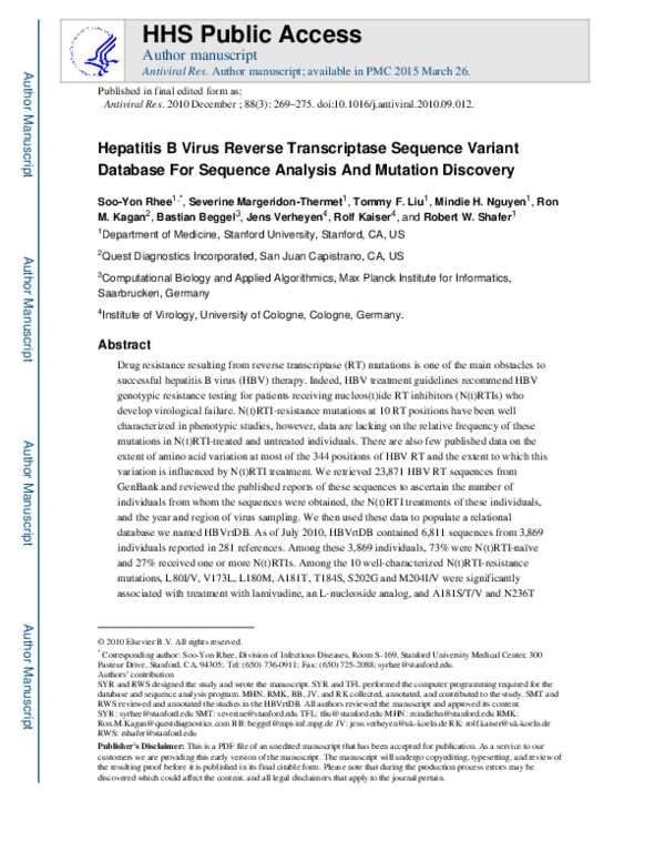 (PDF) Hepatitis B virus reverse transcriptase sequence variant database ...