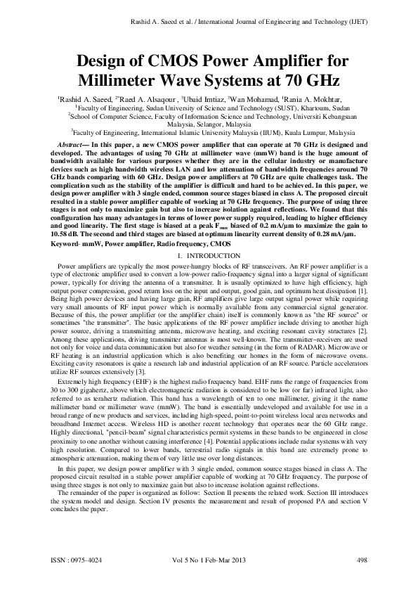(PDF) Design of CMOS Power Amplifier for Millimeter Wave Systems at 70 GHz